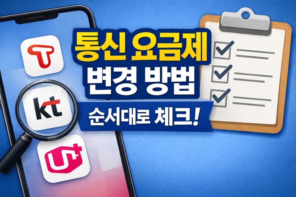 휴대폰 요금제 변경 전에 현재 할인과 혜택을 먼저 확인해야 한다는 내용을, 스마트폰 화면과 체크리스트 아이콘으로 간단히 보여주는 정보형 썸네일.