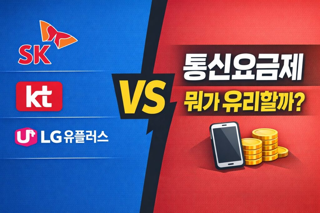 SKT·KT·LG유플러스 3사를 비교하는 구도로 배치하고 통신요금제의 차이와 어떤 선택이 유리한지 한눈에 보여주는 정보형 블로그 썸네일.