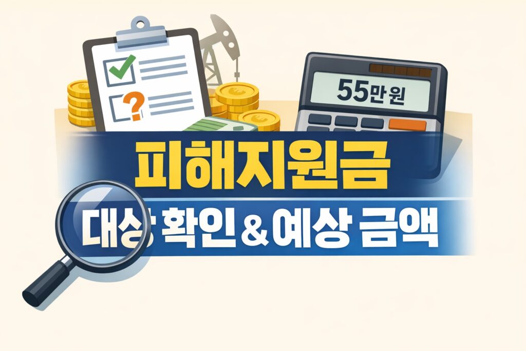 고유가 피해지원금 대상 확인과 예상 수령액 점검을 상징하는 체크리스트, 계산기, 동전이 들어간 정보형 블로그 썸네일