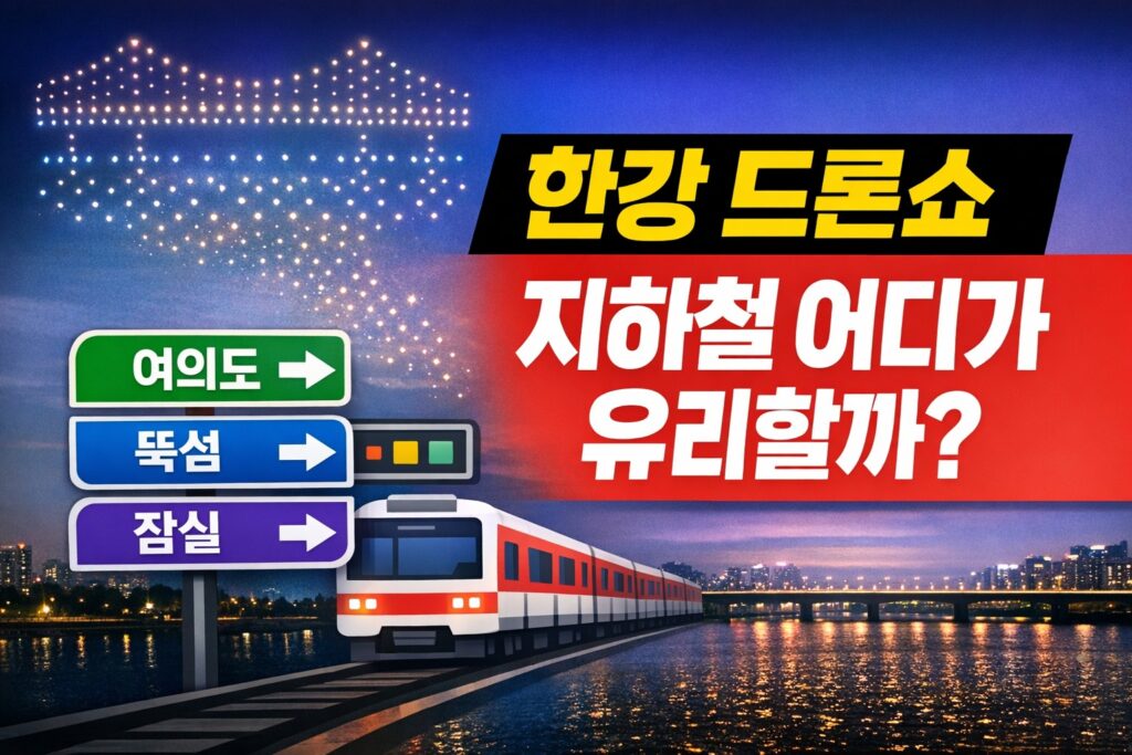 한강 야경과 드론쇼를 배경으로 여의도·뚝섬·잠실 방향 표지판과 지하철 이미지를 함께 배치해 공연장별 가까운 역과 이동 선택 포인트를 보여주는 블로그 썸네일.