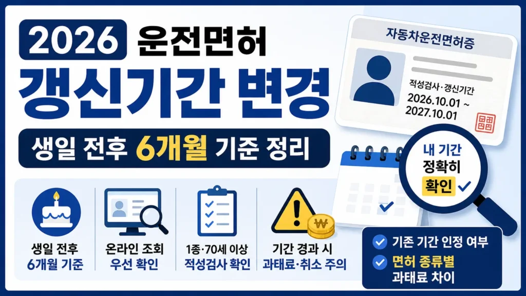 2026년 운전면허 갱신기간 변경 기준을 생일 전후 6개월, 온라인 조회, 면허 종류별 과태료 확인 요소로 정리한 정보형 썸네일 이미지.