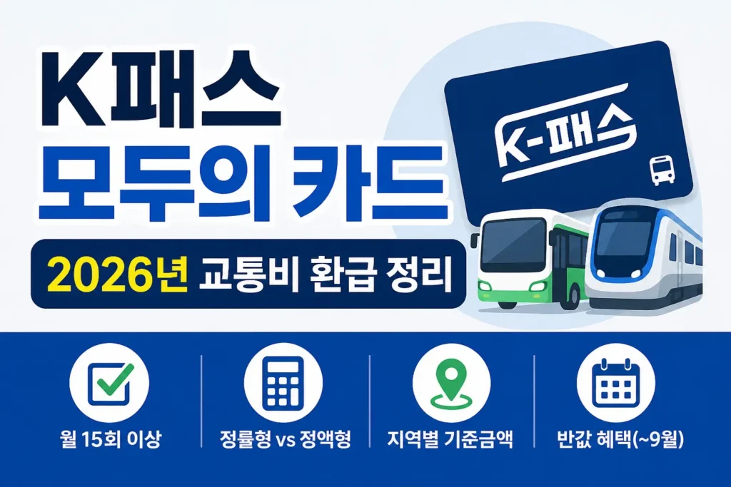 K패스 모두의 카드와 2026년 교통비 환급 방식을 버스, 지하철, 체크 아이콘으로 정리한 정보형 썸네일.