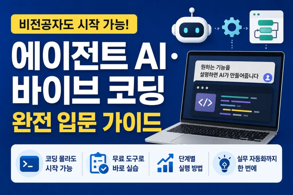 에이전트 AI와 바이브 코딩을 비전공자도 단계별로 시작할 수 있음을 보여주는 입문 가이드 썸네일입니다.
