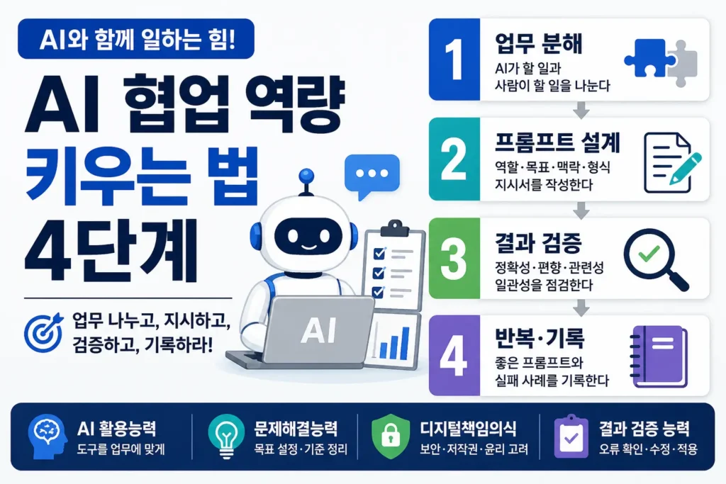 AI 협업 역량을 키우는 4단계를 업무 분해, 프롬프트 설계, 결과 검증, 반복 기록 순서로 보여주는 썸네일 이미지입니다.