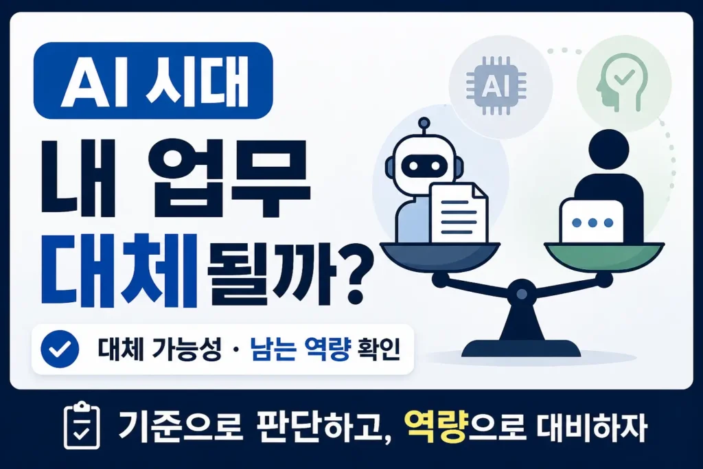 AI 시대 내 업무의 대체 가능성과 사람이 강화해야 할 역량을 저울 구도로 보여주는 썸네일 이미지입니다.