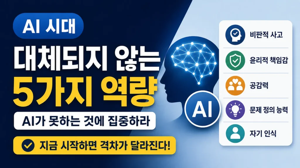 AI 시대에 대체되지 않는 인간 역량 5가지를 체크리스트와 AI 두뇌 아이콘으로 정리한 정보형 썸네일입니다.