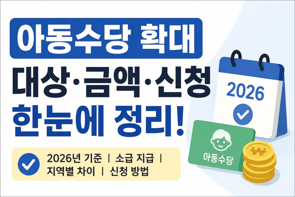 2026년 아동수당 확대에 따른 대상, 금액, 신청 여부를 확인하는 정보형 썸네일 이미지입니다.