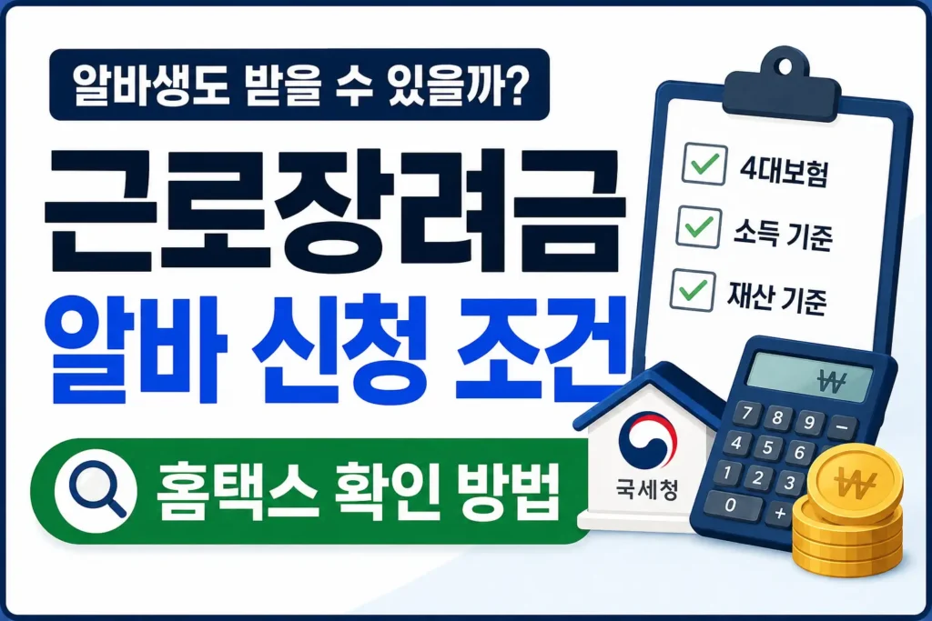알바생 근로장려금 신청 조건을 4대보험, 소득 기준, 재산 기준과 홈택스 확인 방법 중심으로 보여주는 썸네일입니다.