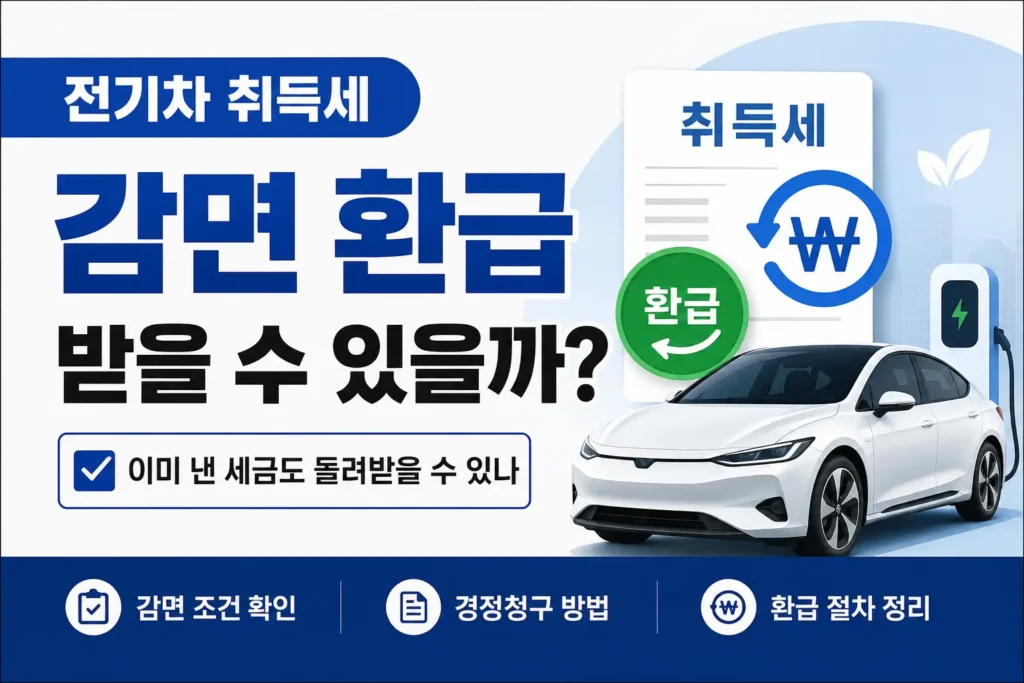 전기차 취득세 감면 환급 가능 여부를 확인하는 절차를 차량, 세금 문서, 환급 아이콘으로 보여주는 썸네일 이미지입니다.
