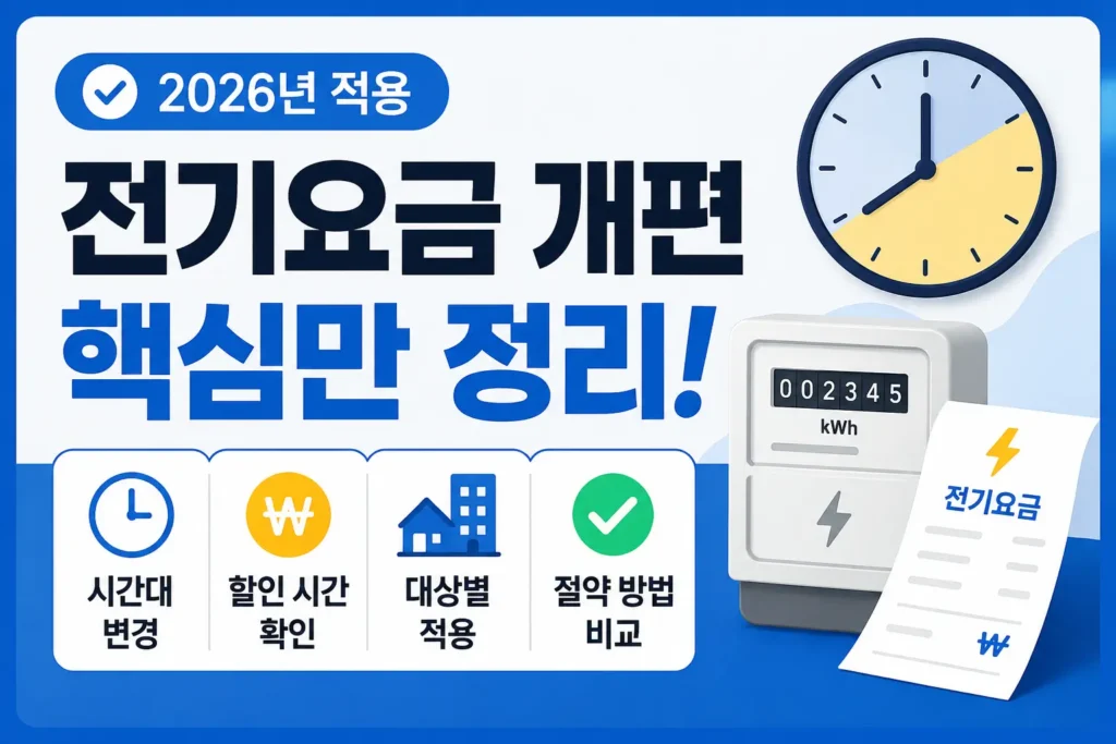 전기요금 개편의 시간대 변경과 대상별 적용 여부, 절약 방법 비교를 보여주는 정보형 썸네일입니다.