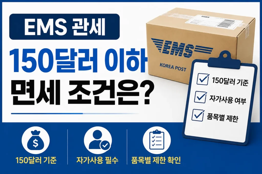 EMS 상자와 체크리스트로 150달러 기준, 자가사용 여부, 품목별 제한 확인을 보여주는 썸네일 이미지입니다.