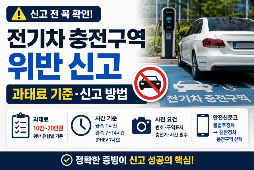 전기차 충전구역과 금지 표시, 과태료 기준과 신고 방법 확인 요소를 함께 보여주는 신고 안내 썸네일입니다.