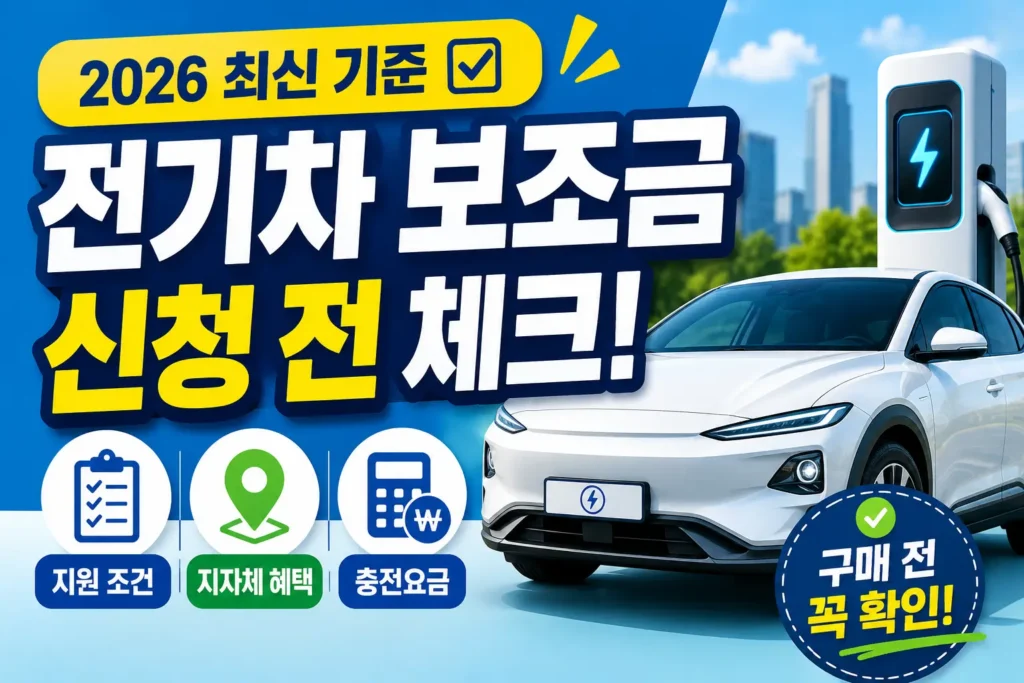 전기차와 체크리스트 아이콘으로 보조금 신청 전 기준과 충전요금 확인이 필요함을 보여주는 썸네일입니다.