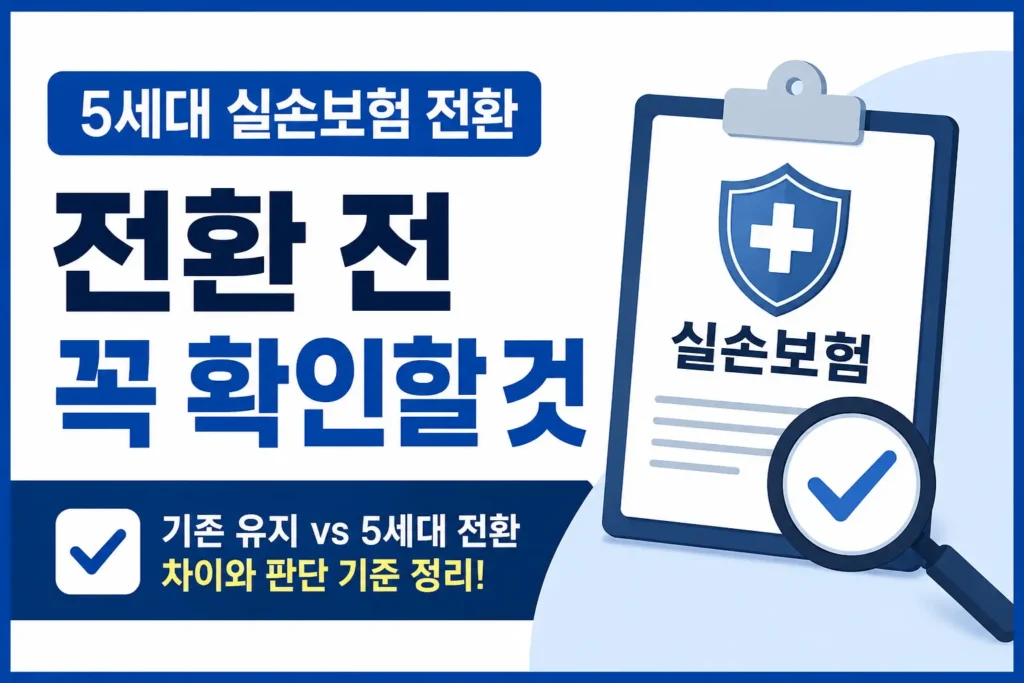 5세대 실손보험 전환 전 기존 유지와 전환 선택 기준을 확인하는 정보형 썸네일입니다.