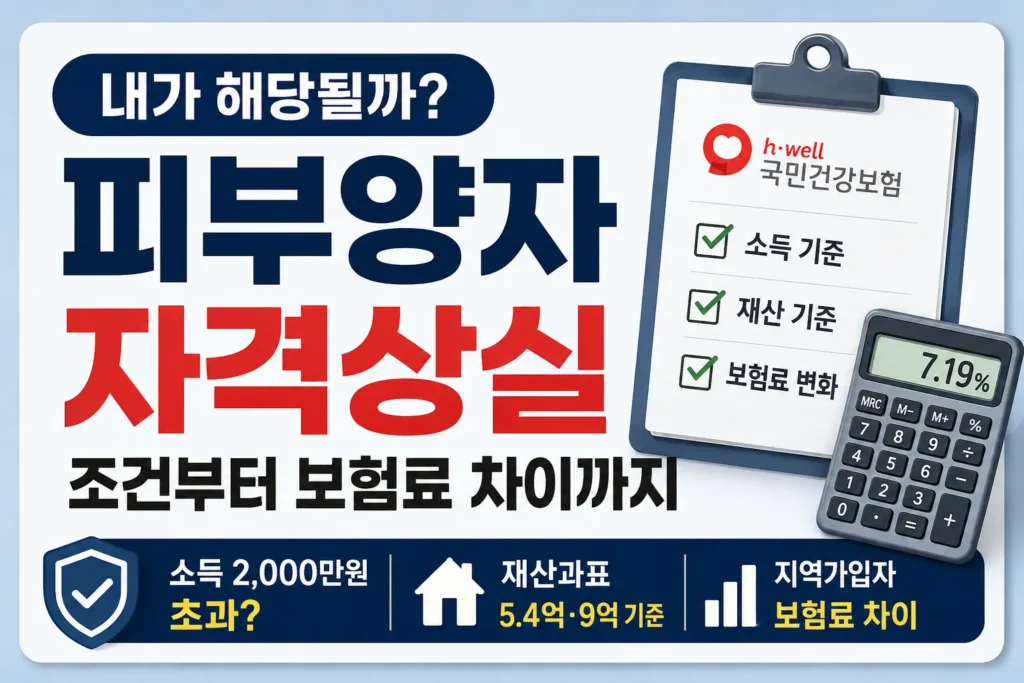 소득 기준, 재산 기준, 보험료 변화를 체크하며 건강보험 피부양자 자격상실 여부를 확인하는 썸네일입니다.