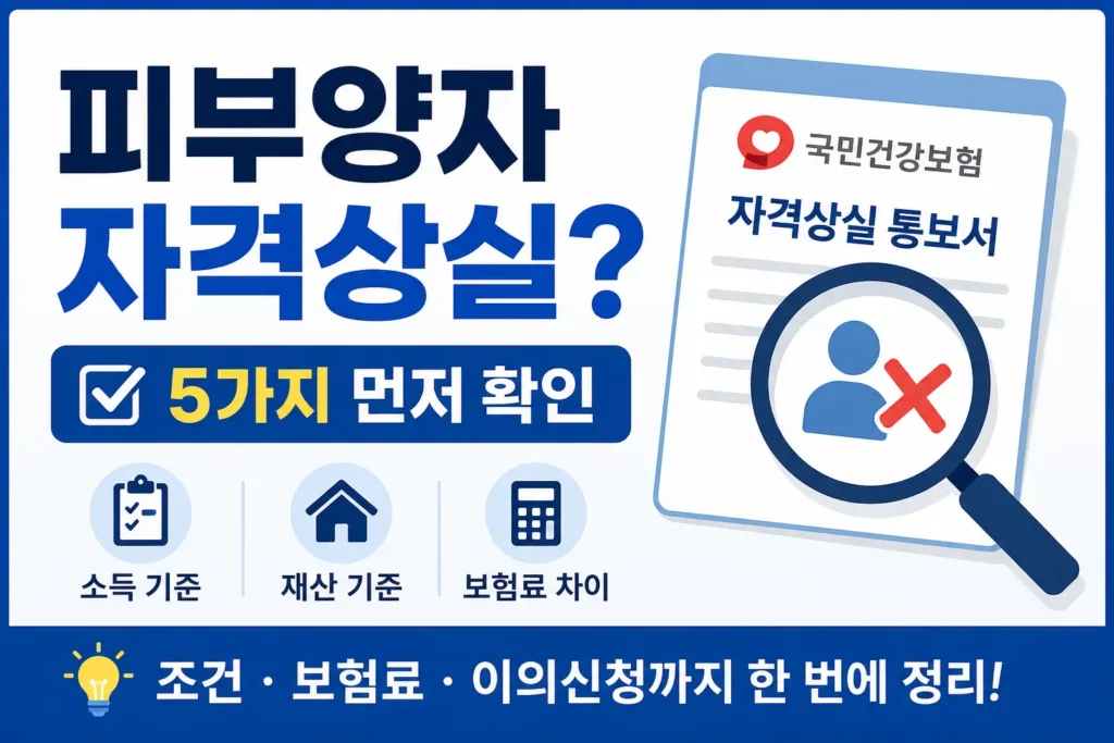 건강보험 피부양자 자격상실 통보서를 돋보기로 확인하며 소득 기준, 재산 기준, 보험료 차이를 점검하는 정보형 썸네일입니다.