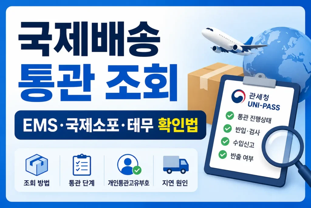 국제배송 통관 조회를 위해 운송장 번호, 통관 진행상태, 개인통관고유부호 확인 항목을 보여주는 정보형 썸네일입니다.