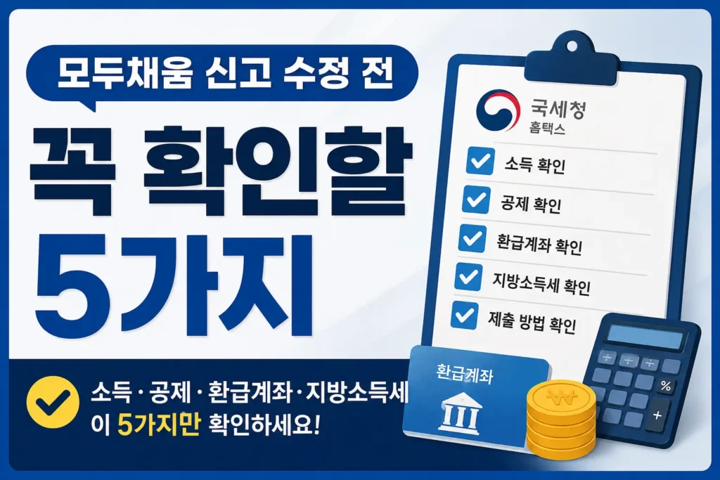 모두채움 신고 수정 전 소득, 공제, 환급계좌, 지방소득세 등 핵심 확인 항목 5가지를 체크하는 썸네일 이미지입니다.