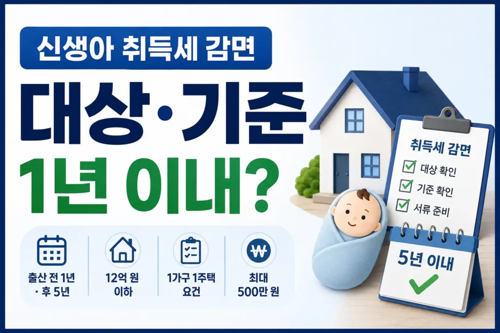 신생아 취득세 감면의 대상 기준과 출산 전 1년·출산 후 5년 취득시기 조건을 체크하는 정보형 썸네일입니다.