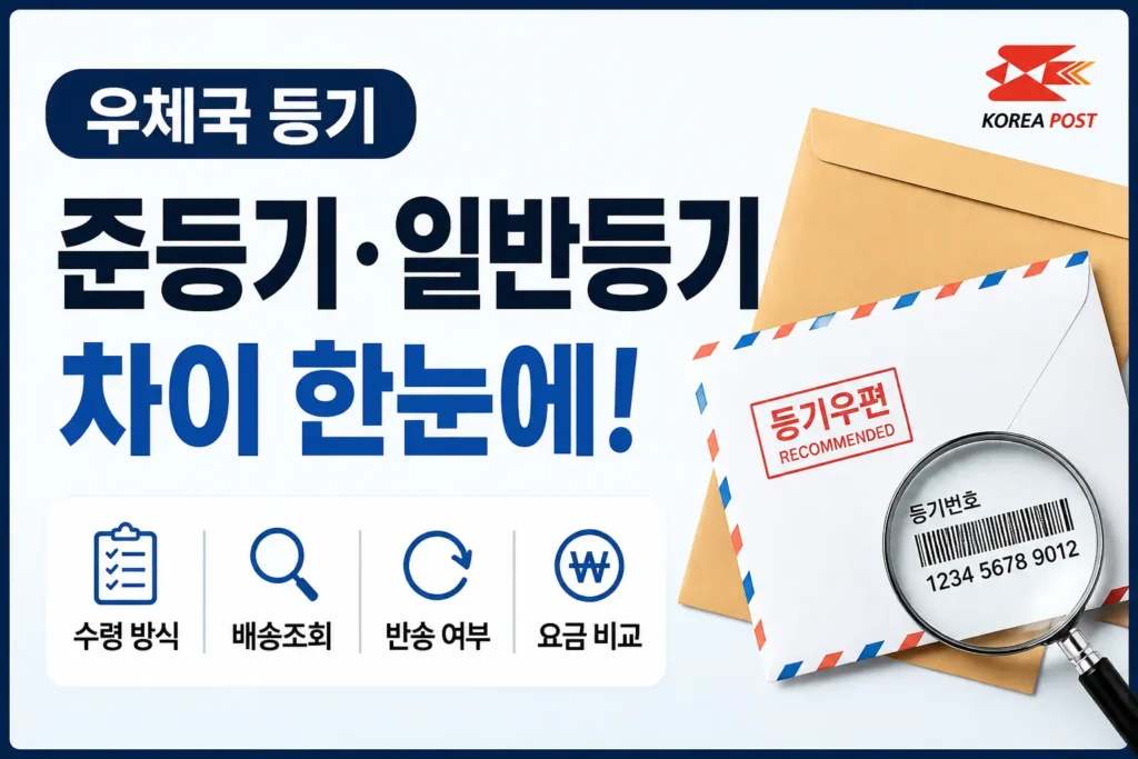 준등기와 일반등기 차이를 수령 방식, 배송조회, 반송 여부, 요금 기준으로 비교해 보여주는 우체국 등기 썸네일입니다.