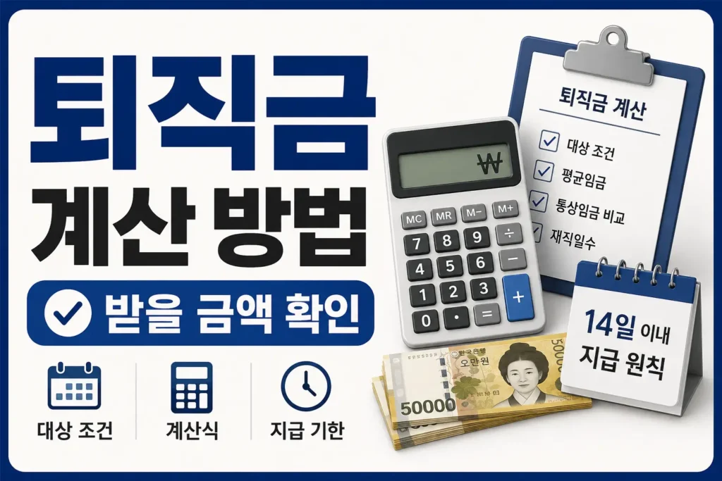 퇴직금 계산 방법과 대상 조건, 평균임금, 지급 기한을 체크리스트와 계산기 이미지로 보여주는 썸네일입니다.