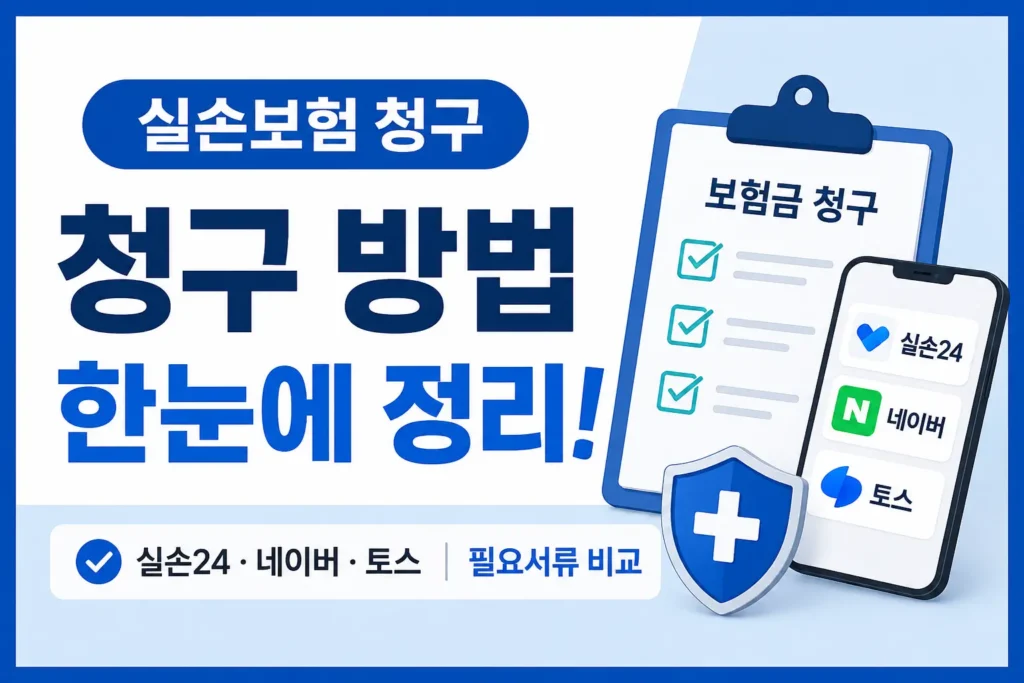 실손보험 청구 방법과 실손24·네이버·토스 경로, 필요서류 비교를 한눈에 보여주는 썸네일입니다.