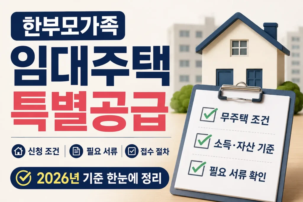 한부모가족 임대주택 특별공급의 무주택 조건, 소득·자산 기준, 필요 서류 확인을 보여주는 체크리스트형 썸네일입니다.