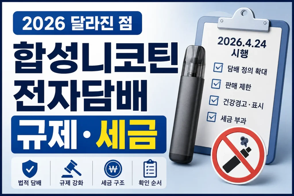 2026년 시행일을 기준으로 합성니코틴 전자담배의 규제와 세금 확인 포인트를 보여주는 정보형 썸네일