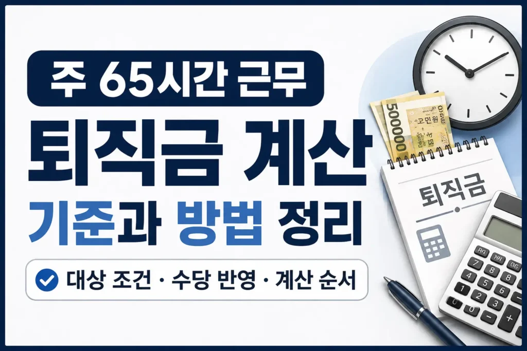 주 65시간 근무자의 퇴직금 계산 기준과 수당 반영 여부를 확인하는 정보형 썸네일입니다.
