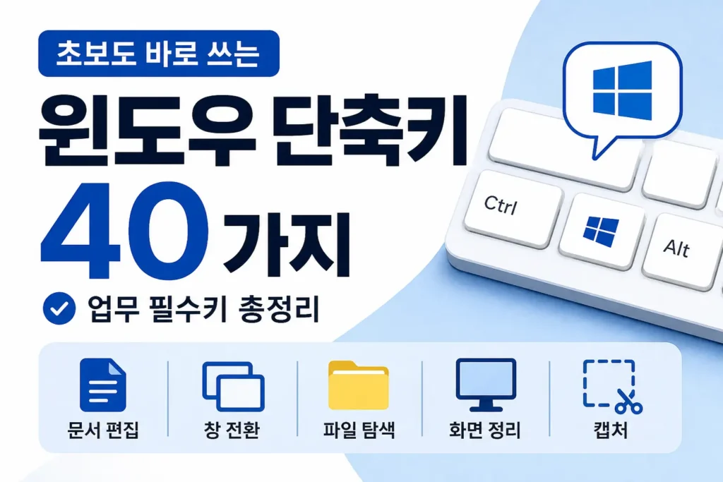윈도우 키보드와 체크 아이콘을 함께 보여주며 업무에 바로 쓰는 윈도우 단축키 40가지를 정리한 썸네일입니다.