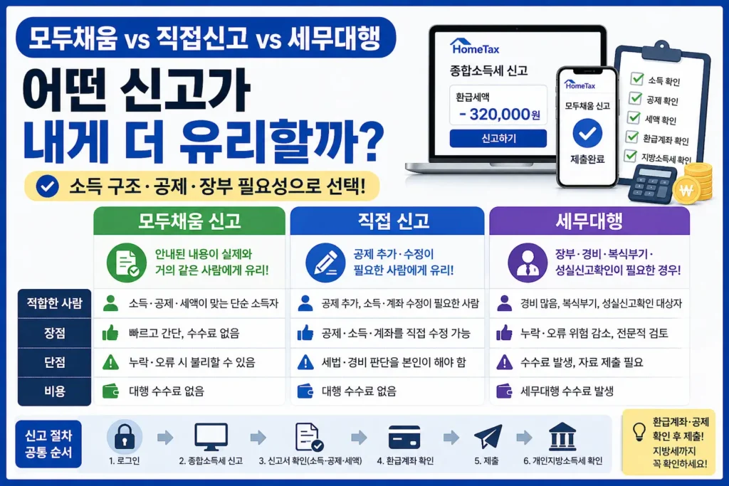 모두채움 신고, 직접 신고, 세무대행을 소득 구조와 공제 수정, 장부 필요성 기준으로 비교해 선택하도록 안내하는 썸네일.