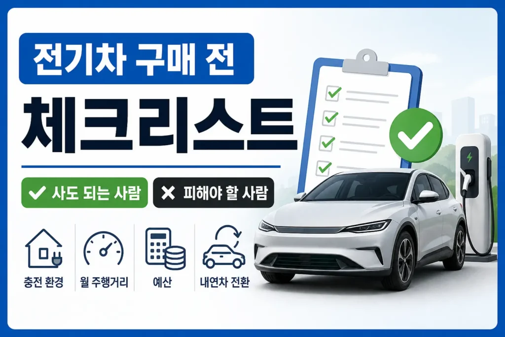 전기차 구매 전 충전 환경, 주행거리, 예산, 내연차 전환 조건을 체크하는 정보형 썸네일 이미지입니다.