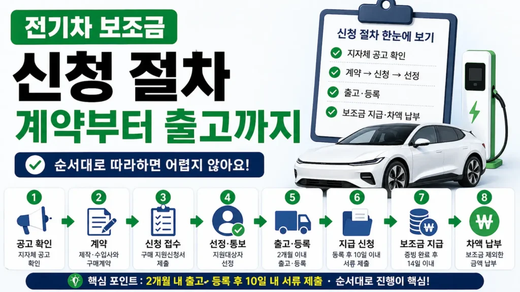 전기차 보조금 신청 절차를 지자체 공고 확인부터 계약, 신청, 선정, 출고·등록, 지급 신청, 차액 납부 순서로 보여주는 썸네일입니다.