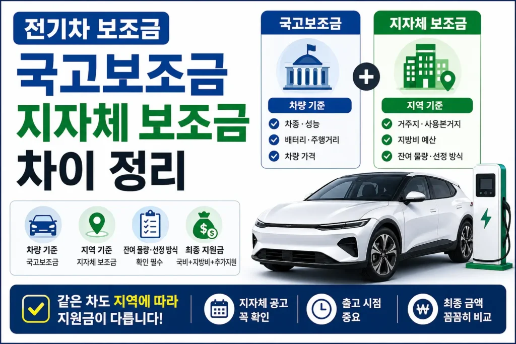 전기차 국고보조금과 지자체 보조금의 차이를 차량 기준과 지역 기준으로 나누어 비교하고 최종 지원금을 확인해야 함을 보여주는 썸네일입니다.