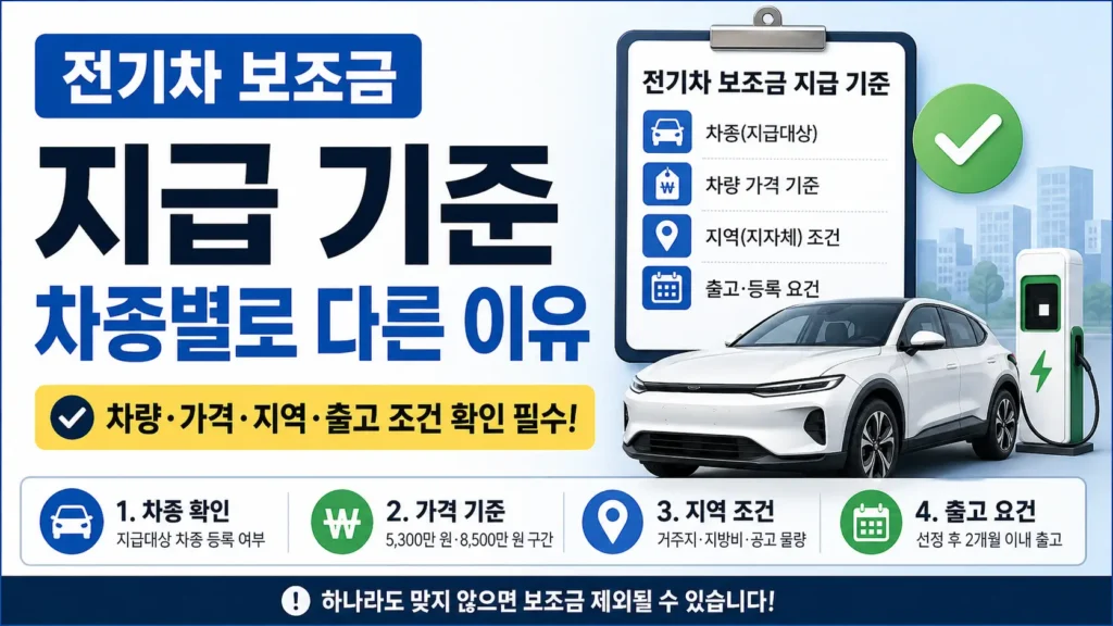 전기차 보조금 지급 기준을 차종, 차량 가격, 지역 조건, 출고 요건별로 확인해야 함을 보여주는 썸네일입니다.