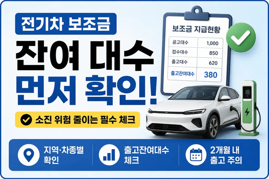 전기차 보조금 지급현황 표와 전기차 이미지를 통해 지역·차종별 출고잔여대수를 먼저 확인해야 함을 보여주는 썸네일입니다.