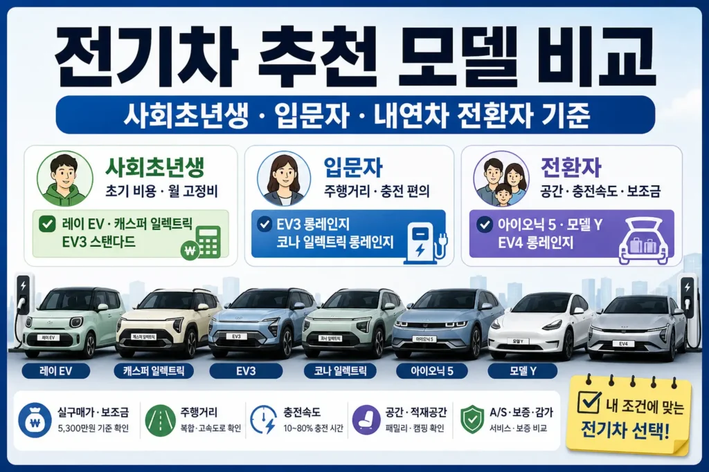 사회초년생, 입문자, 내연차 전환자 기준으로 전기차 추천 모델과 선택 포인트를 비교하는 정보형 썸네일 이미지입니다.