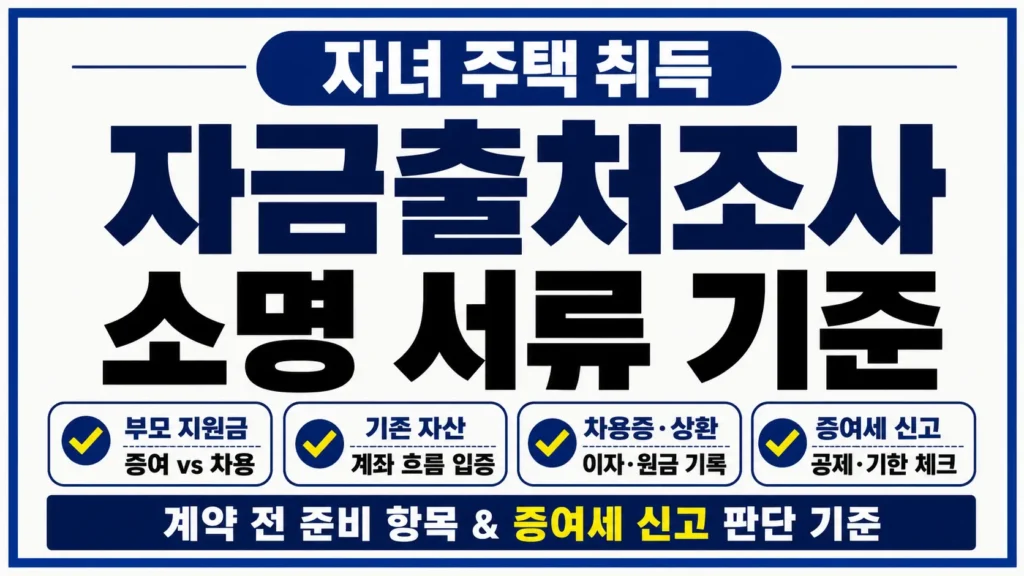 자녀 주택 취득 자금출처조사를 준비하기 위해 부모 지원금, 기존 자산, 차용증과 증여세 신고 기준을 강조한 타이포그래피 썸네일