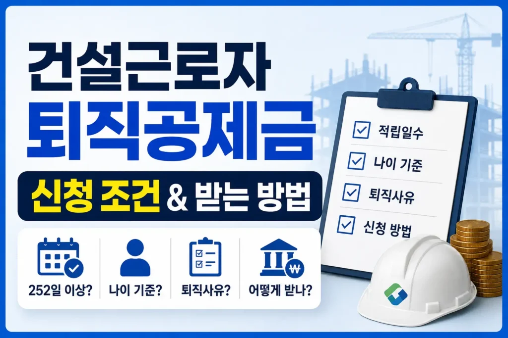 건설근로자 퇴직공제금 신청 전 적립일수, 나이 기준, 퇴직사유, 신청 방법을 체크하는 썸네일 이미지