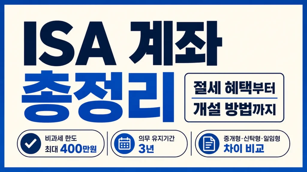 ISA 계좌의 절세 혜택, 비과세 한도, 3년 유지기간과 유형 비교를 강조한 타이포그래피 썸네일