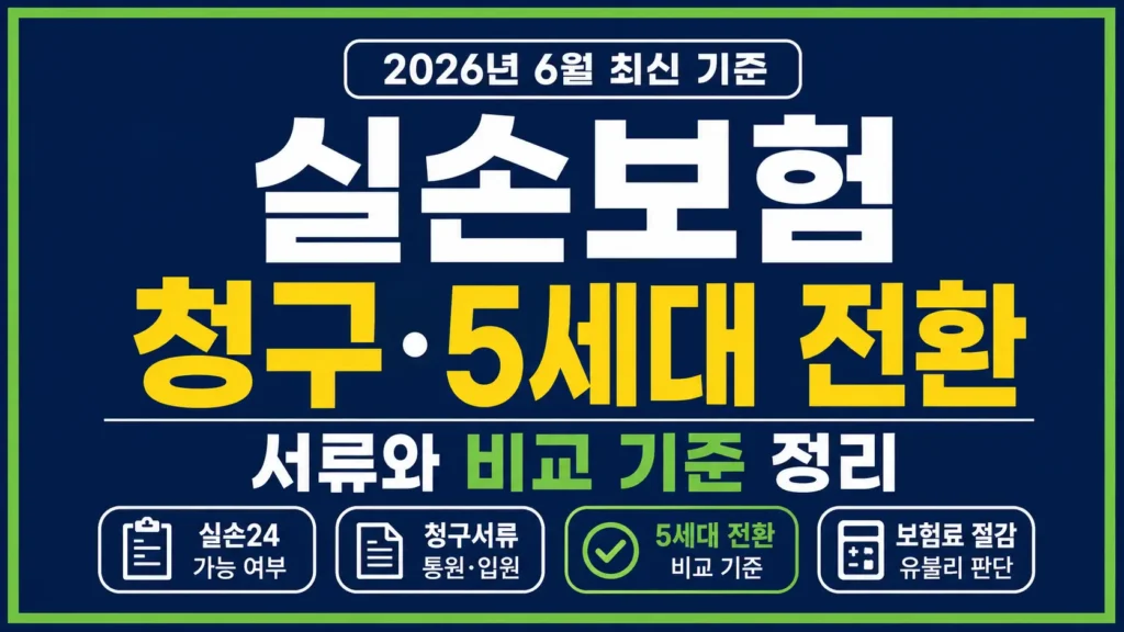 실손보험 청구와 5세대 전환을 위해 실손24 가능 여부, 청구서류, 보험료 절감 비교 기준을 강조한 타이포그래피 썸네일