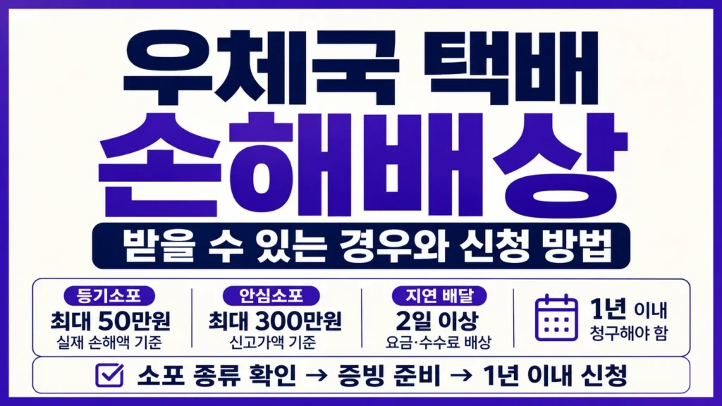 우체국 택배 손해배상을 받을 수 있는 경우와 등기소포, 안심소포, 지연 배달, 1년 이내 신청 기준을 강조한 타이포그래피 썸네일