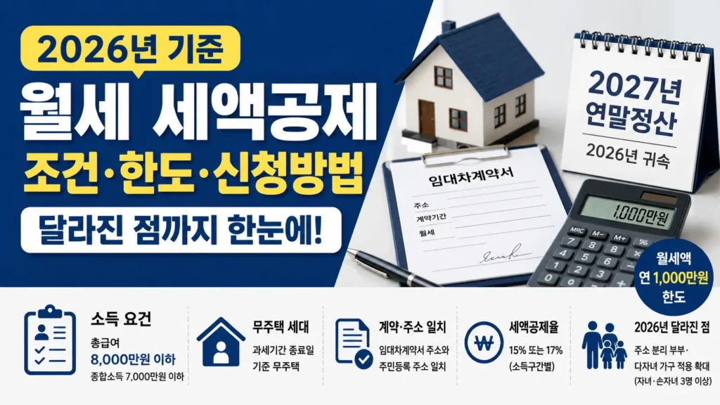 2026년 월세 세액공제의 소득·무주택 조건과 공제 한도, 신청 방법 및 달라진 적용 사항을 한눈에 확인할 수 있도록 구성한 정보형 블로그 썸네일