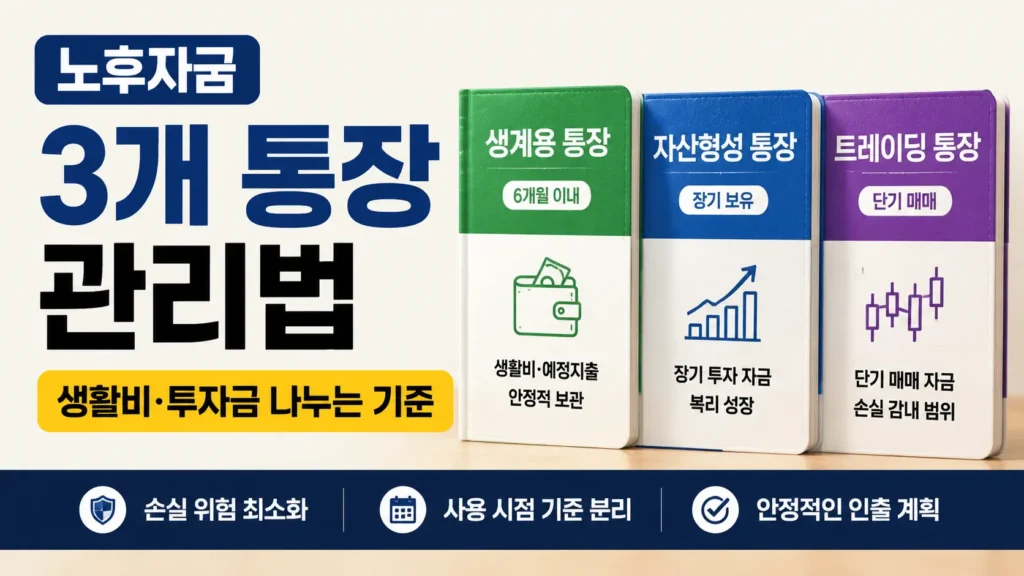 노후자금을 생계용 통장과 자산형성 통장, 트레이딩 통장으로 나누어 관리하는 기준을 보여주는 정보형 블로그 썸네일