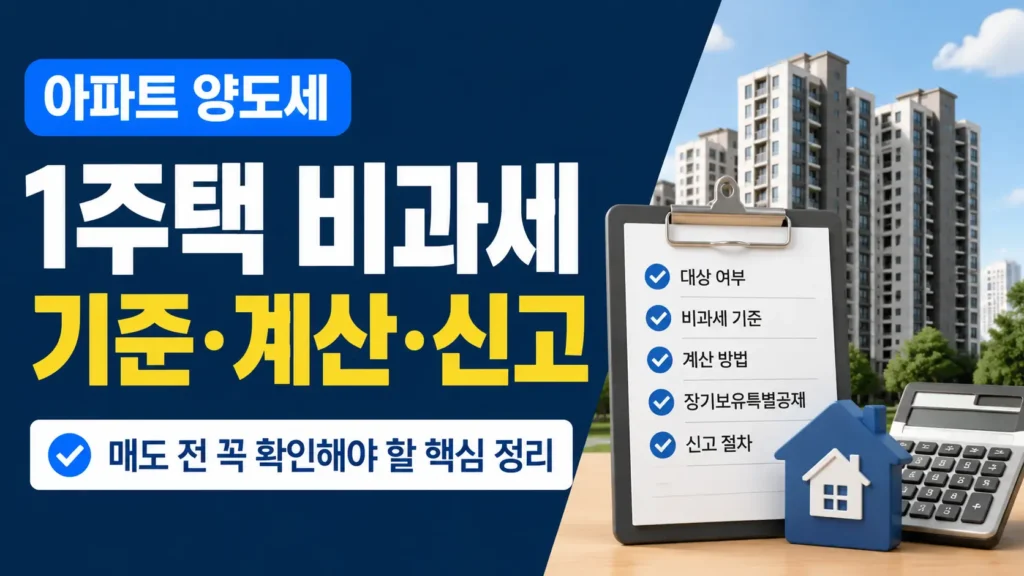 아파트 양도세 확인을 위해 1주택 비과세 기준과 계산·신고 항목을 체크리스트와 아파트 이미지로 보여주는 정보형 블로그 썸네일