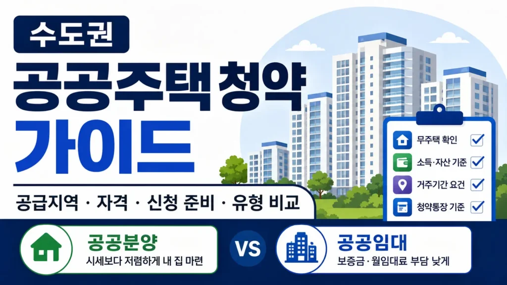 수도권 공공주택 청약의 공급지역과 자격 기준을 확인하고 공공분양과 공공임대를 비교하도록 구성한 정보형 블로그 썸네일