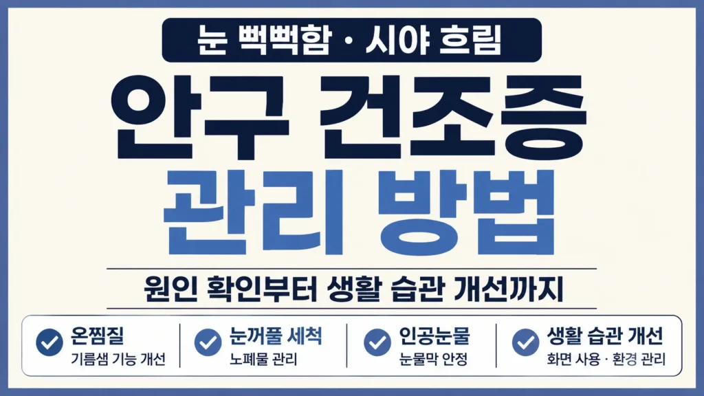 안구 건조증 관리를 위해 눈 뻑뻑함과 시야 흐림 원인 확인 및 온찜질, 눈꺼풀 세척, 인공눈물, 생활 습관 개선 방법을 강조한 타이포그래피 썸네일
