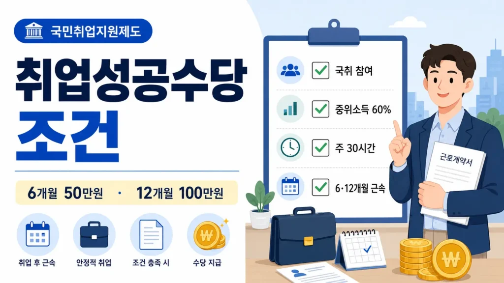 취업성공수당 신청 조건과 6개월·12개월 근속 지급 기준을 체크리스트로 설명한 블로그 썸네일 이미지