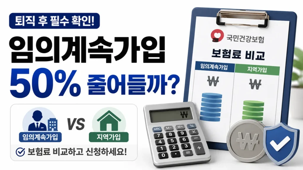 퇴직 후 건강보험 임의계속가입과 지역가입 보험료를 비교해 신청 여부를 확인하도록 구성한 정보형 블로그 썸네일