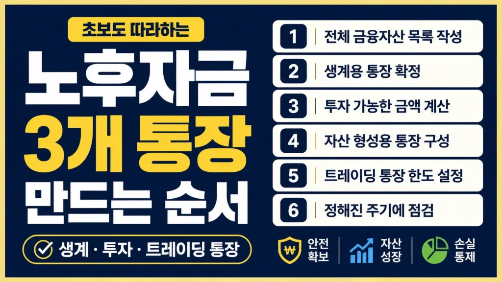 노후자금 3개 통장을 만드는 순서와 생계·투자·트레이딩 통장 관리 방법을 정리한 타이포그래피 썸네일